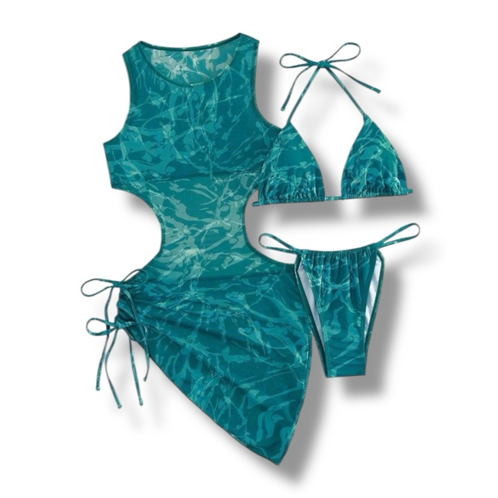 Teal Cut-Out Cover up Dress and Bikini Set